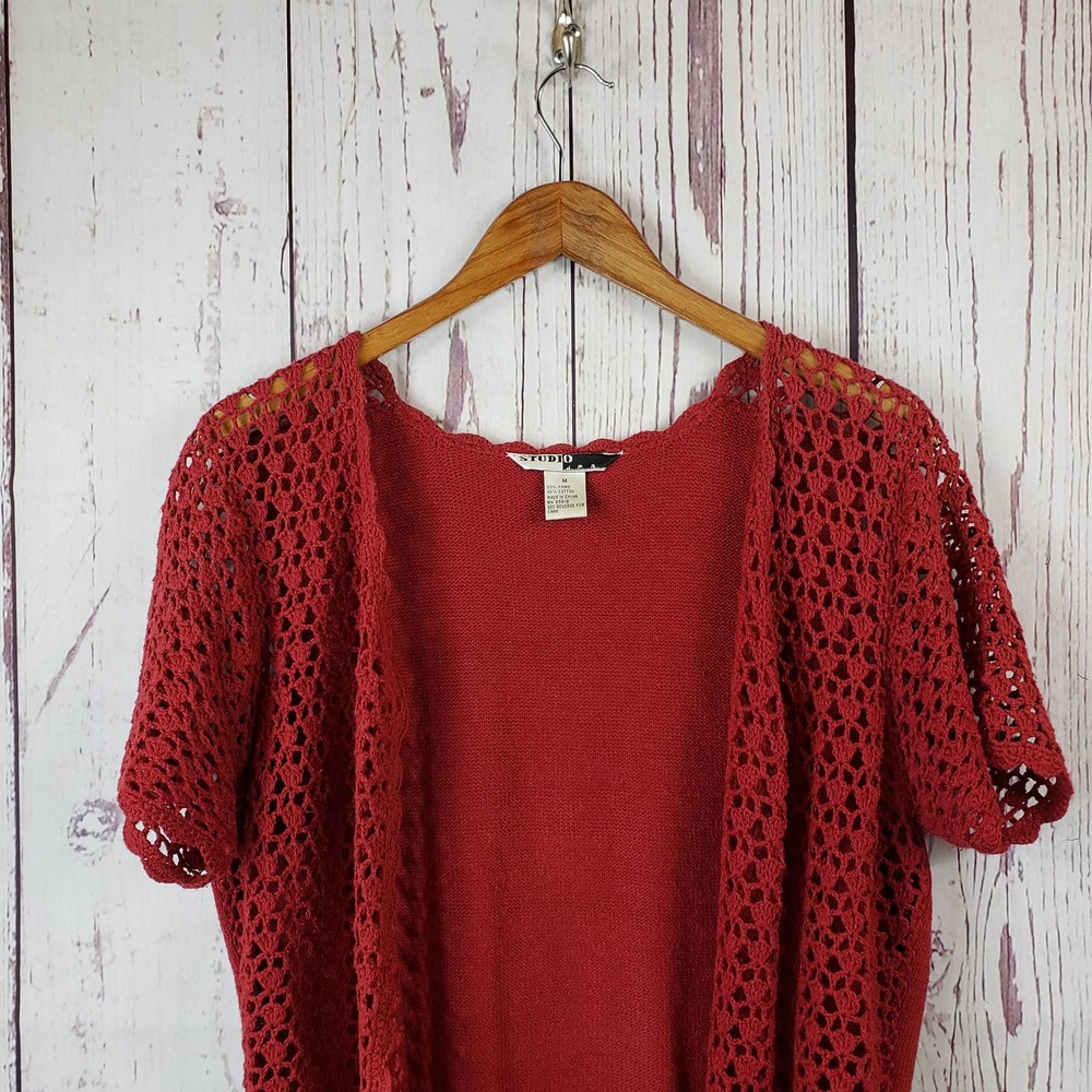 Studio J.P.R. Vintage Cardigan Sweater Womens Size M Open Front Eyelet Red